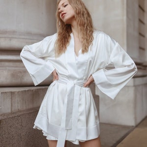 Luxury Bridal Satin Kimono Robe Short Bride Robe White Wedding Day Long Sleeves Kimono Bridal Robe Dressing Gown Wedding Morning image 7