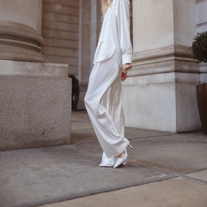 Off White Satin Pants | Elastic Waist | Silk Wide Leg Pants| Loose Satin Trousers | Womens Elastic High Waist| Wedding Silk Satin Pajamas