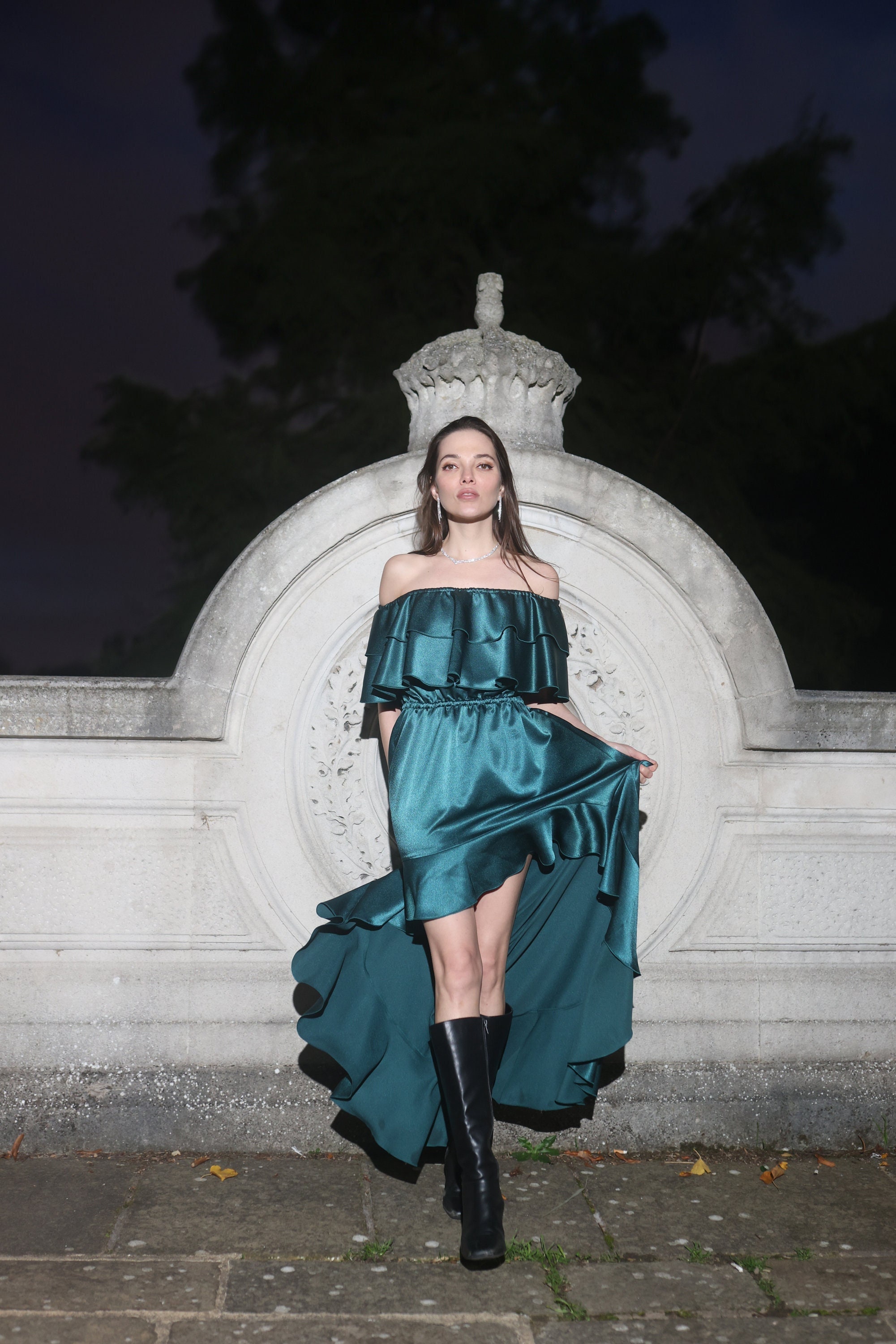asos green wedding guest dress Annie Bottle Green Satin Bardot Maxi Dress With Split Wrap Skirt – Club L  London main image 1