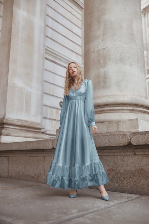 Cinderella Divine Dusty Blue Soft Satin Sheer Leaves Gown – Unique Vintage