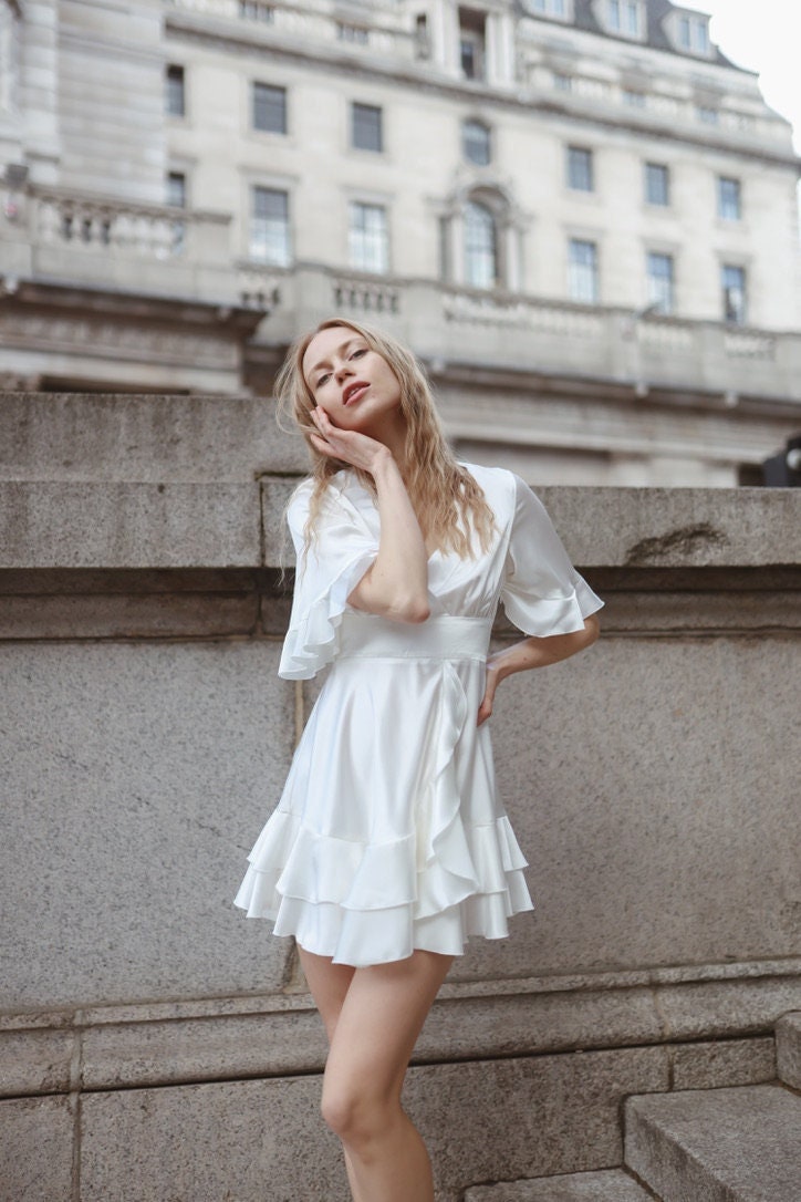 flowy white mini dress Smitten Sweetheart Neckline Chiffon Party mini dresses Any Event Mini Dress