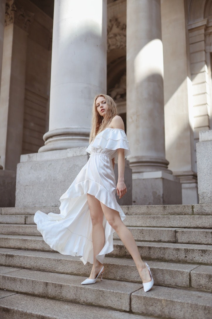 white off shoulder flowy dress Off Shoulder Bardot White Satin Dress, Flowy Ivory Maxi Dress with Frill Hem, Satin Wedding Dress, High Low Boho Wedding Dress