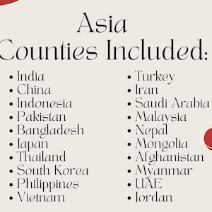 May include: A list of countries included in Asia. The countries are listed in two columns. The countries listed are India, China, Indonesia, Pakistan, Bangladesh, Japan, Thailand, South Korea, Philippines, Vietnam, Turkey, Iran, Saudi Arabia, Malaysia, Nepal, Mongolia, Afghanistan, Myanmar, UAE, and Jordan.