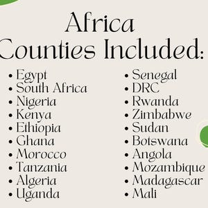 May include: A cream-colored graphic with the title "Africa Counties Included:" and a list of African countries. The text is in a black, elegant font. Green abstract shapes are in the corners.