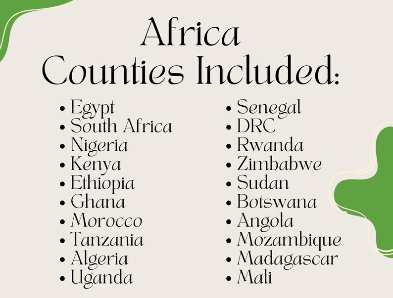 May include: A cream-colored graphic with the title "Africa Counties Included:" and a list of African countries. The text is in a black, elegant font. Green abstract shapes are in the corners.