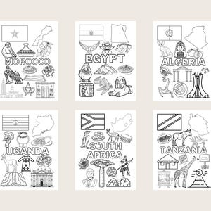 May include: Six black and white coloring pages featuring flags, maps, and illustrations representing Morocco, Egypt, Algeria, Uganda, South Africa, and Tanzania. Each page includes the country's name in large text and various cultural symbols.