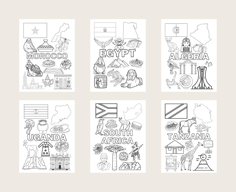 May include: Six black and white coloring pages featuring flags, maps, and illustrations representing Morocco, Egypt, Algeria, Uganda, South Africa, and Tanzania. Each page includes the country's name in large text and various cultural symbols.