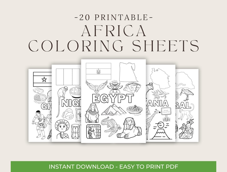 May include: A stack of printable coloring sheets featuring African countries. Each sheet has a country's name and outline drawings of cultural elements. The text reads "-20 PRINTABLE- AFRICA COLORING SHEETS" and "INSTANT DOWNLOAD - EASY TO PRINT PDF".
