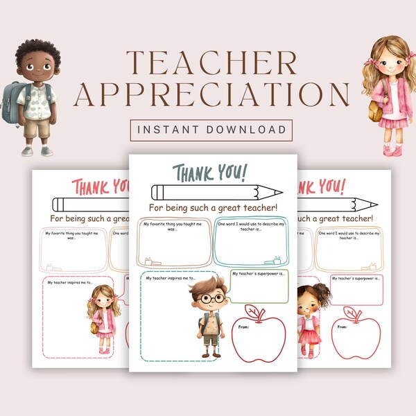 Leraarwaardering afdrukbaar voor studenten Educator Week Teacher Gift