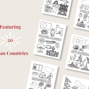 May include: Black and white illustrations of landmarks and symbols from 20 Asian countries, including a pagoda, a boat, a monkey, a flower, a flag, and a map. The text "Featuring 20 Asian Countries" is at the top of the image.