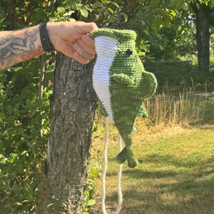 May include: A crocheted fish toy featuring a dark green body with a white underbelly, a small black eye, side fins, and a tail. The fish has a long, thin white cord attached to its lower section, allowing it to hang vertically from a top opening.