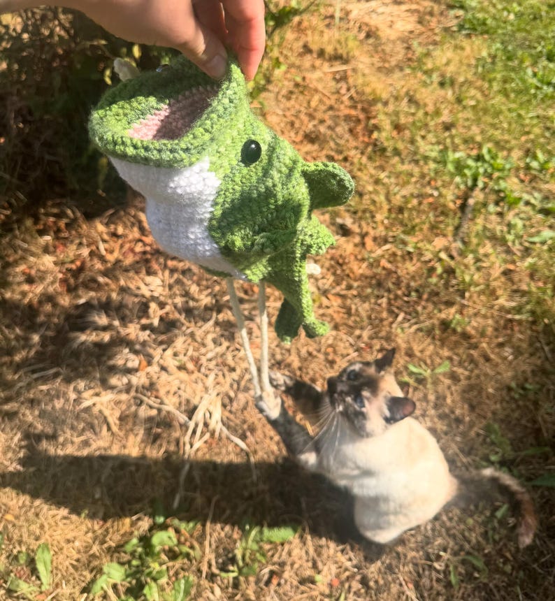May include: A green and white crocheted fish toy with a wide open mouth, black plastic eyes, and two long off-white strings hanging from the bottom, featuring a textured yarn construction and a distinct fin shape on the side of the body.
