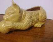 Vintage Cat and a Ball of String Planter Yellow Pottery Planter