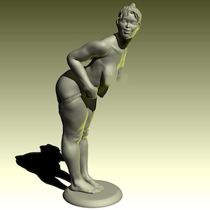 May include: A 3D-rendered sculpture of a person in a bending pose, with a neutral expression. The figure is nude, with a light grey colour and a smooth texture. The sculpture stands on a circular base, casting a shadow.