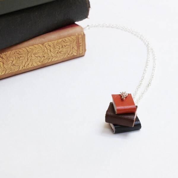 Leather Pile of Books Necklace - Miniature Autumnal Tone Leather Book Jewellery - OOAK - Tiny Colourful Book Stack