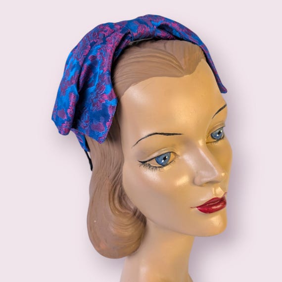 Vintage Brocade Bow Headband: 1950s Style, Royal Blue  display picture 3