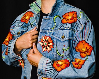 Repurposed Denim Jacket • Poppy Flower Dreams