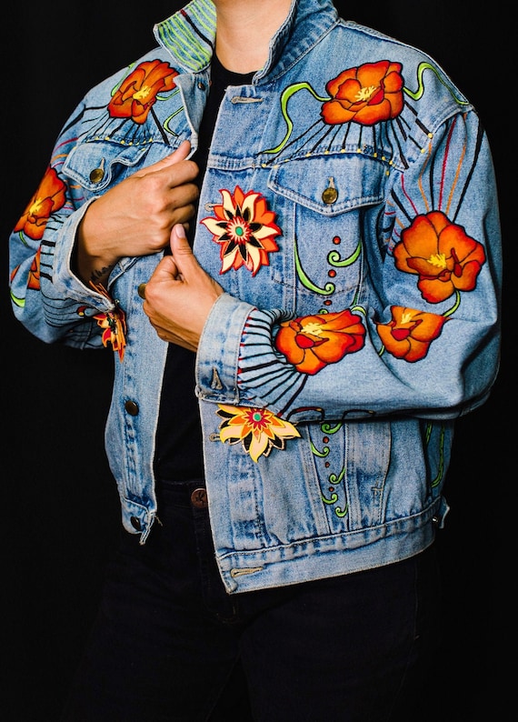 Repurposed Denim Jacket • Poppy Flower Dreams - Etsy