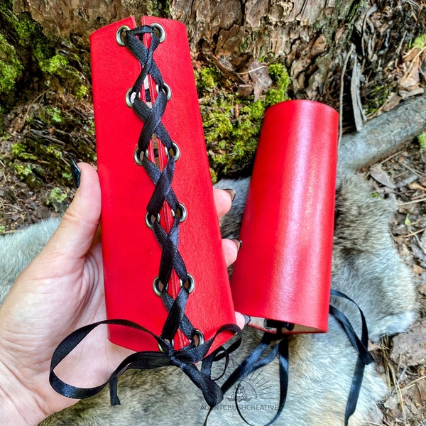 Handmade Red Leather Bracers, Red Gauntlet Armor for LARP Cosplay and Renaissance Fairs, Leather Wrist Bracer, Gauntlets for Women