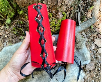 Handmade Red Leather Bracers, Red Gauntlet Armor for LARP Cosplay and Renaissance Fairs, Leather Wrist Bracer, Gauntlets for Women