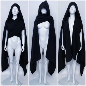 hooded cloak showing three styles of being worn, first pic panels are crossing the chest and tied behind the back, second pic the panels are wrapped around neck like a scarf, third pic panels are hanging down to the ground like an untied scarf.