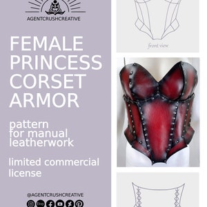 May include: A digital pattern for a red leather corset with metal accents. The pattern is for manual leatherwork and includes front and back views. The pattern is for a limited commercial license.
