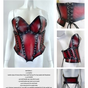 May include: A red leather breastplate armor with black accents and silver rivets. The armor is designed to fit a person's torso and has a corset-like shape. The armor is made of 7 oz leather and has a US letter size.