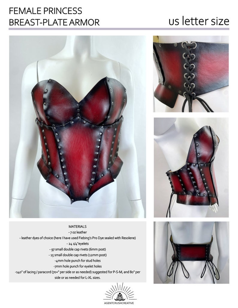 May include: A red leather breastplate armor with black accents and silver rivets. The armor is designed to fit a person's torso and has a corset-like shape. The armor is made of 7 oz leather and has a US letter size.