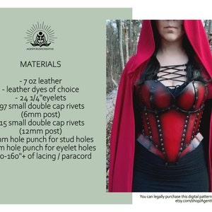 May include: A list of materials needed to make a leather corset. The list includes leather, leather dyes, eyelets, rivets, hole punches, and lacing. The image also shows a red leather corset with black lacing and silver rivets.