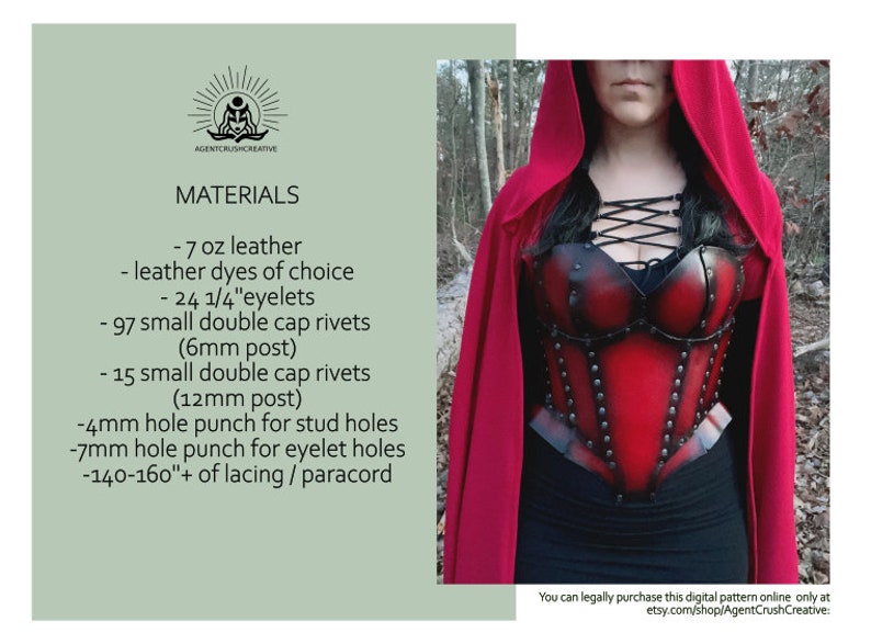 May include: A list of materials needed to make a leather corset. The list includes leather, leather dyes, eyelets, rivets, hole punches, and lacing. The image also shows a red leather corset with black lacing and silver rivets.