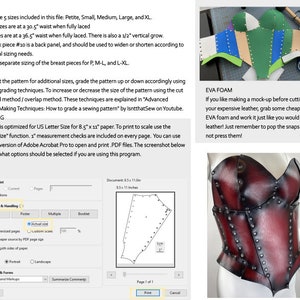 May include: A close-up of a red leather corset with black metal accents. The corset has a pointed, heart-shaped neckline and a lace-up front. The image also includes a diagram of the corset pattern and instructions for printing and sizing.