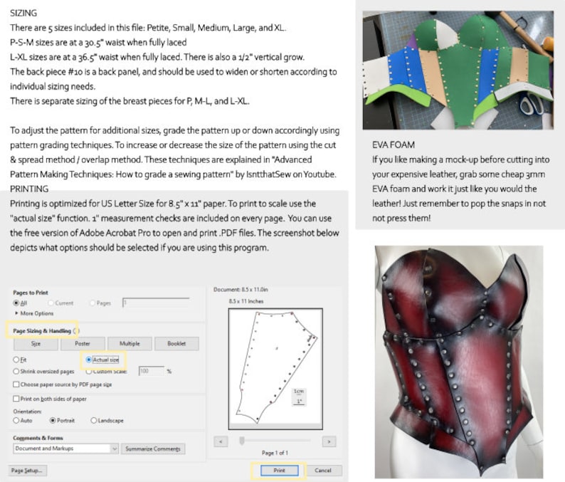 May include: A close-up of a red leather corset with black metal accents. The corset has a pointed, heart-shaped neckline and a lace-up front. The image also includes a diagram of the corset pattern and instructions for printing and sizing.