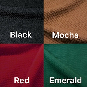 May include: Four fabric swatches in different colors: black, mocha, red, and emerald.
