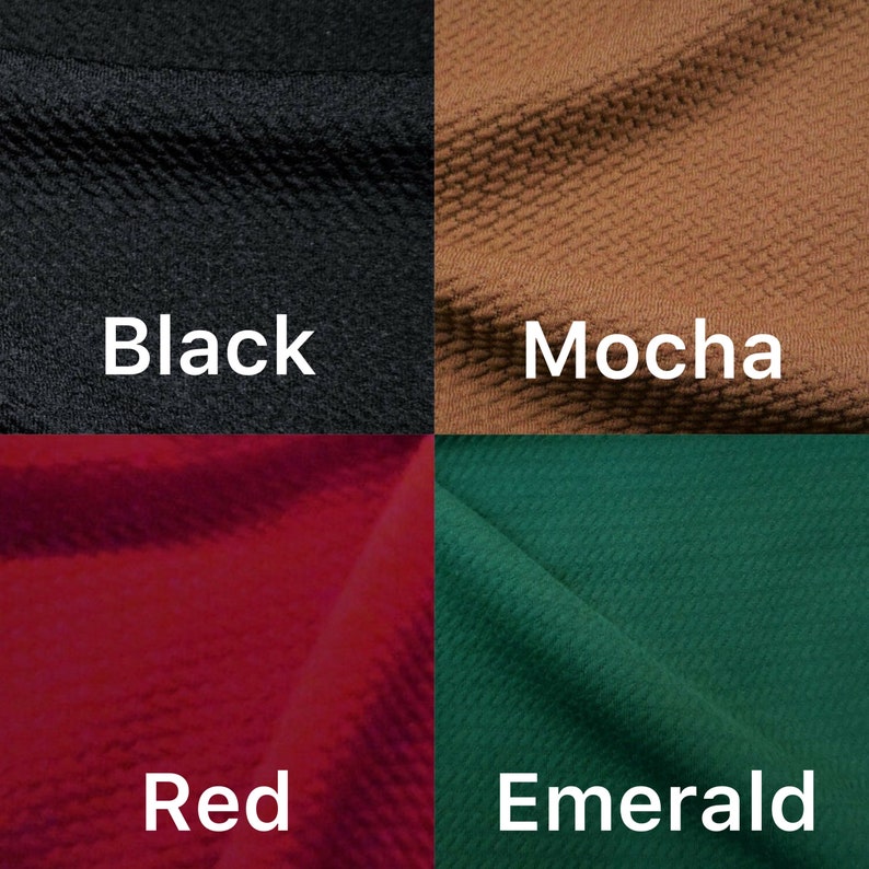 May include: Four fabric swatches in different colors: black, mocha, red, and emerald.
