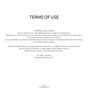 May include: Terms of use for a digital resource. The text states that the resource can be used for personal use only and that selling, reselling, sharing, or copying the resource is not permitted. The text also states that all rights are reserved by AgentCrushCreative LLC. The image includes a logo with the text "AGENTCRUSHCREATIVE".