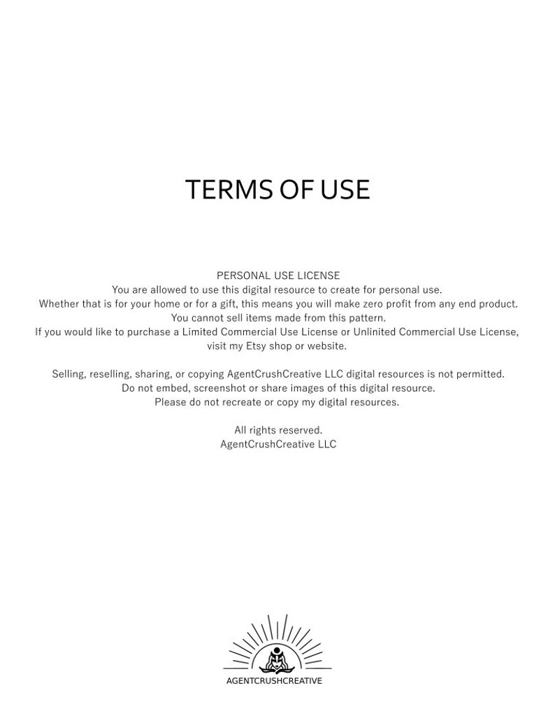 May include: Terms of use for a digital resource. The text states that the resource can be used for personal use only and that selling, reselling, sharing, or copying the resource is not permitted. The text also states that all rights are reserved by AgentCrushCreative LLC. The image includes a logo with the text "AGENTCRUSHCREATIVE".
