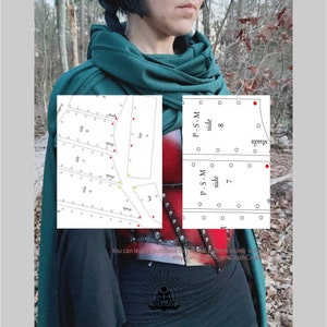 May include: A close-up of a red and black leather armor pattern with a green fabric background. The pattern is labeled "P-S-M" and has a side view. The pattern includes a row of circles labeled "studs".