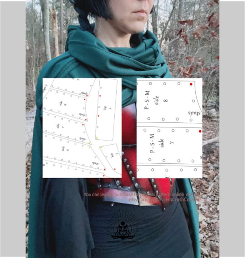 May include: A close-up of a red and black leather armor pattern with a green fabric background. The pattern is labeled "P-S-M" and has a side view. The pattern includes a row of circles labeled "studs".