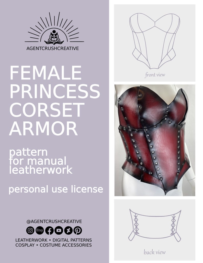 May include: A digital pattern for a leather corset armor, featuring a front and back view. The corset is red with black accents and studded with rivets. The pattern is for personal use only.