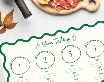 May include: A printable wine tasting scorecard with four sections for different wines. Each section has a space to write the taste, score, and notes for each wine.