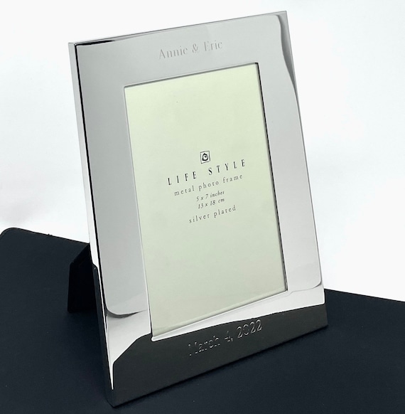 Personalized 5x7 silver plated photo frame with wide boarder with 2 lines Custom text engraving
