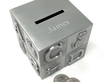 Personalized ABC Design Piggy Bank, Pewter design Engraved with name