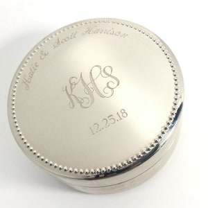 Personalized Round Jewelry box - Engraved with monogram logo and text modern round design for wedding, flower girl gift, bridesmaids gift