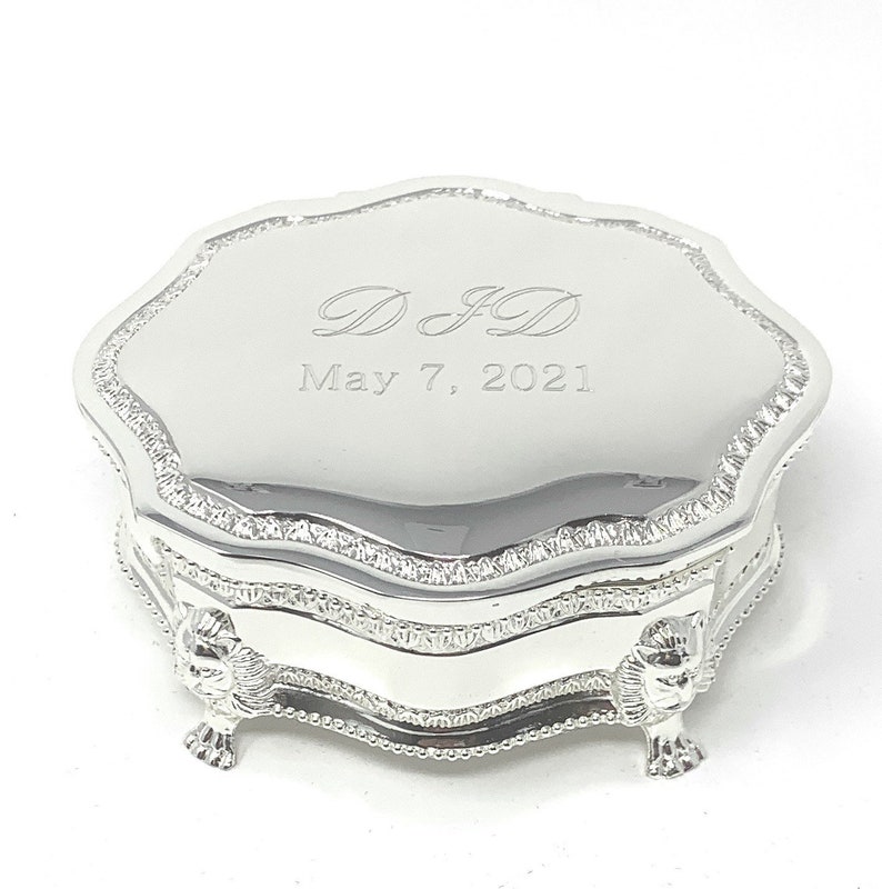 Personalized Silver Plated victorian style 3 jewelry box - Engraved antique jewelry box - Vintage jewelry box Flower girl gift