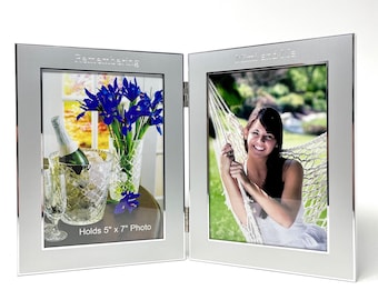 Personalized Twin 5x7 photo frame Engraved with text on 4 sides. Silver Dual Picture Frame