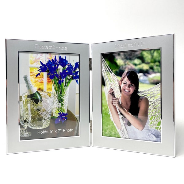 Personalized Twin 5x7 photo frame Engraved with text on 4 sides. Silver Dual Picture Frame