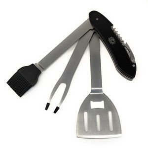 May include: A black multi-tool with a built-in bottle opener, a spatula, a fork, and a silicone brush. The tool is folded up and has a black handle with the word "Koch" engraved on it.