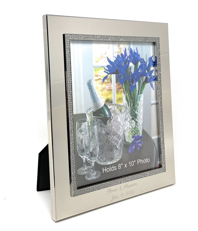 Personalized 8x10 photo frame Nickel Plated Silver Picture frame with Rhinestone border image 1