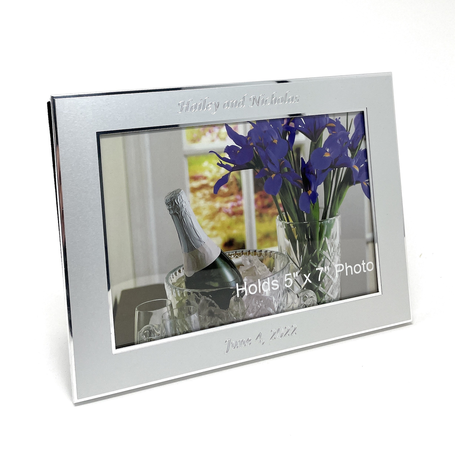 Personalized 5x7 picture frame  Engraved silver photo frame brushed metal with shinny edge