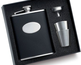 Personalized Flask Set - Groomsmen Gift with Black Leather Texture and Funnel Gift Set